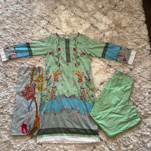 100% 3pcs Cotton Green Floral Shalwat Kameez Dupatta Suit Pakistani Indian